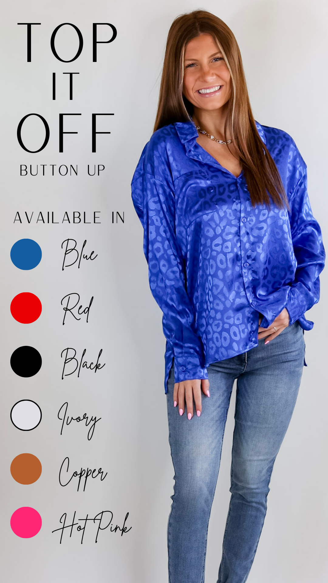 Beginning Boutique Op Shoulder Top Blue Long Sleeve Satin Leopard Top