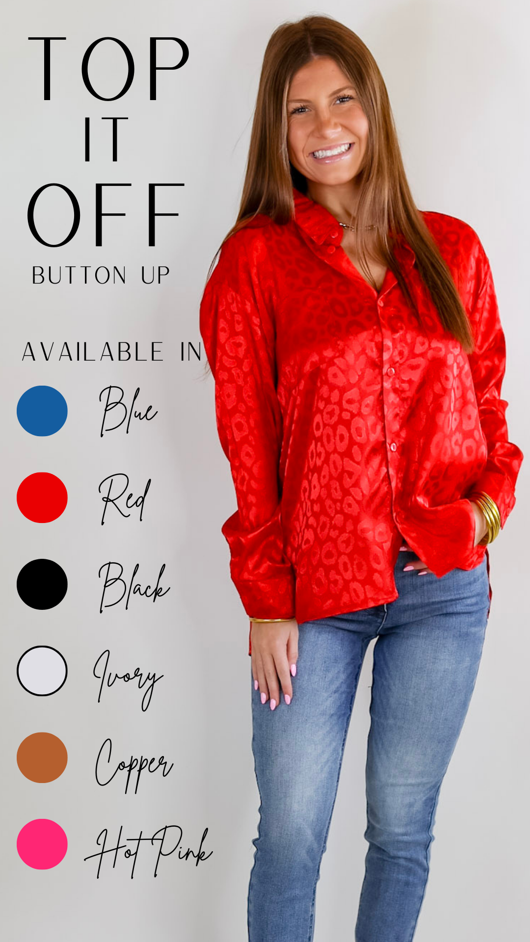 Top It Off Long Sleeve Button Up Satin Leopard Top in Red - Giddy Up Glamour Boutique