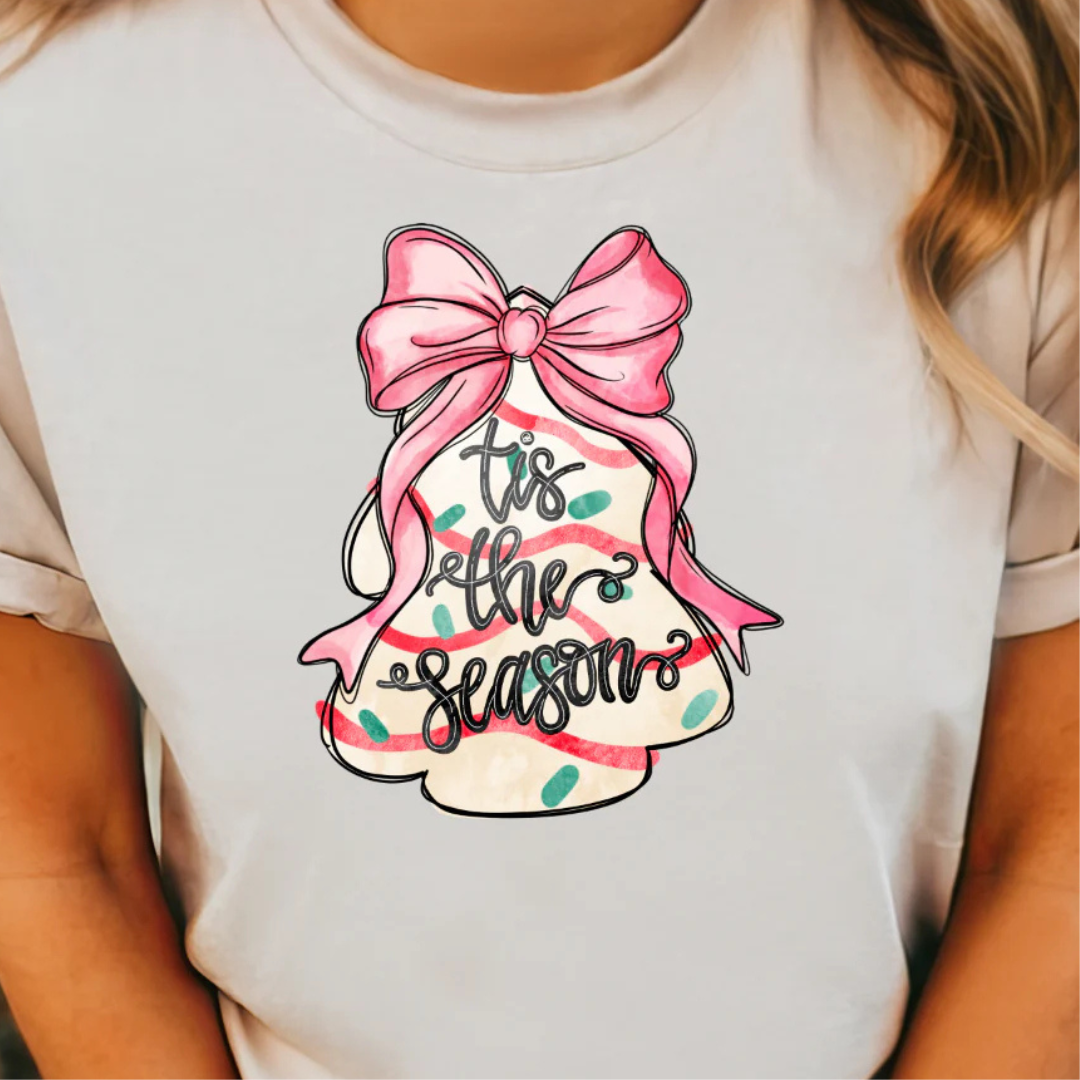 Online Exclusive | Tis the Season Pink Bow Christmas Tree Cookie Graphic Tee in Cream