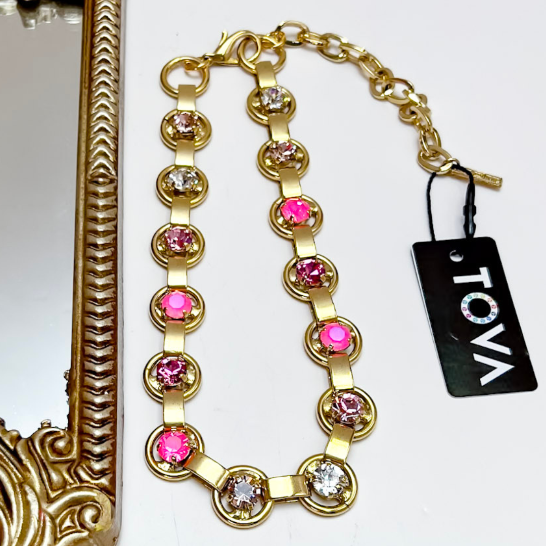 TOVA | Chain Link Gold Crystal Necklace in Cotton Candy Fairy Mix