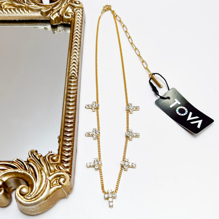 TOVA | Cross My Heart Multi Cross Crystal Pendant Necklace in Gold