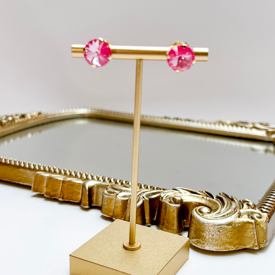 TOVA | Timeless Shine Crystal Gold Stud Earrings in Fuchsia Pink