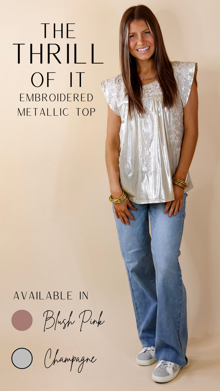 The Thrill Of It Floral Embroidered Metallic Top in Champagne - Giddy Up Glamour Boutique