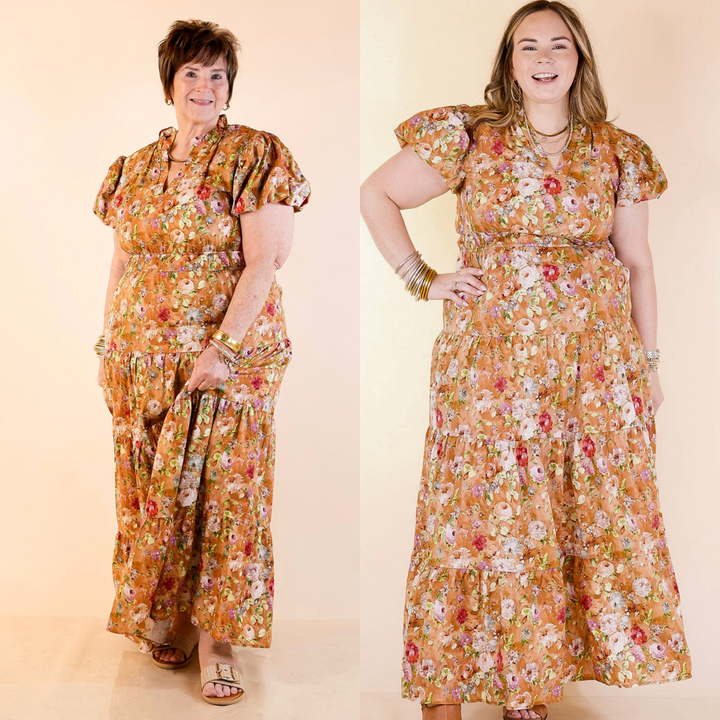 Table for Two Tiered Maxi Dress with Puff Sleeves in Brown Floral