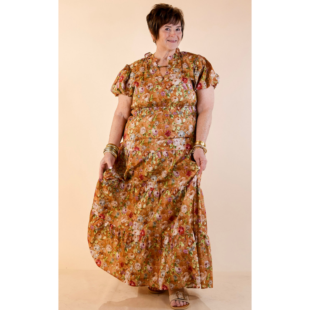 Table for Two Tiered Maxi Dress with Puff Sleeves in Brown Floral