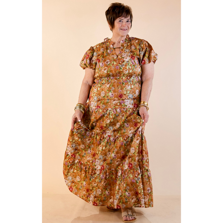 Table for Two Tiered Maxi Dress with Puff Sleeves in Brown Floral