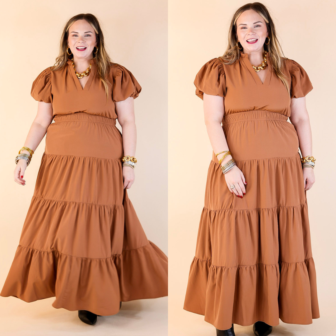 Table for Two Tiered Maxi Dress with Puff Sleeves in Clay Rust Orange