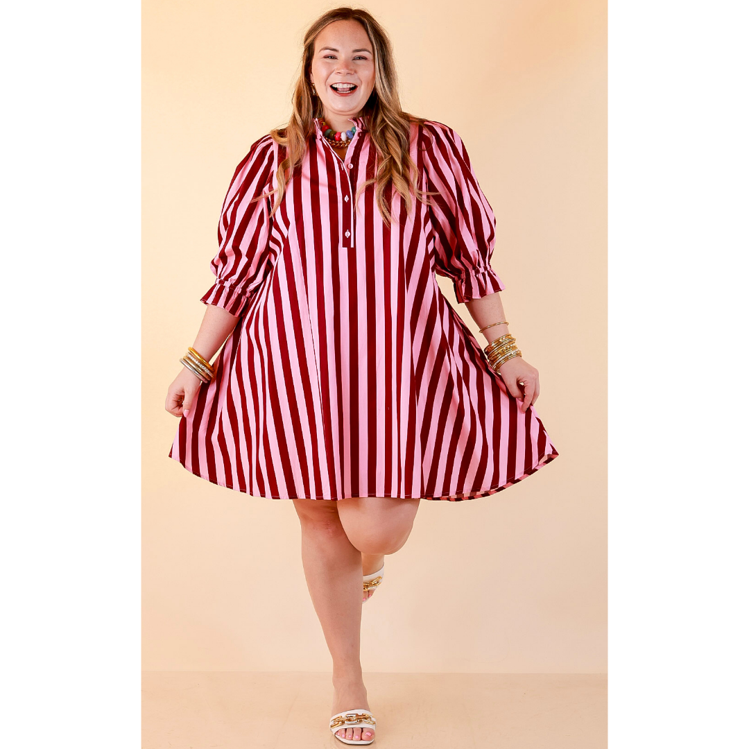 Talk of the Town Striped Ruffle Sleeve Babydoll Dress with Cinched Waist Feature in Maroon and Pink