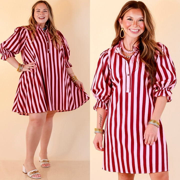 Talk of the Town Striped Ruffle Sleeve Babydoll Dress with Cinched Waist Feature in Maroon and Pink