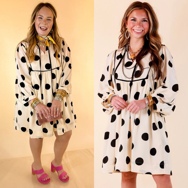 Tea Time Charm Polka Dot Babydoll Dress with Neck Tie and Yoke Detailing in Ivory with Black Dots