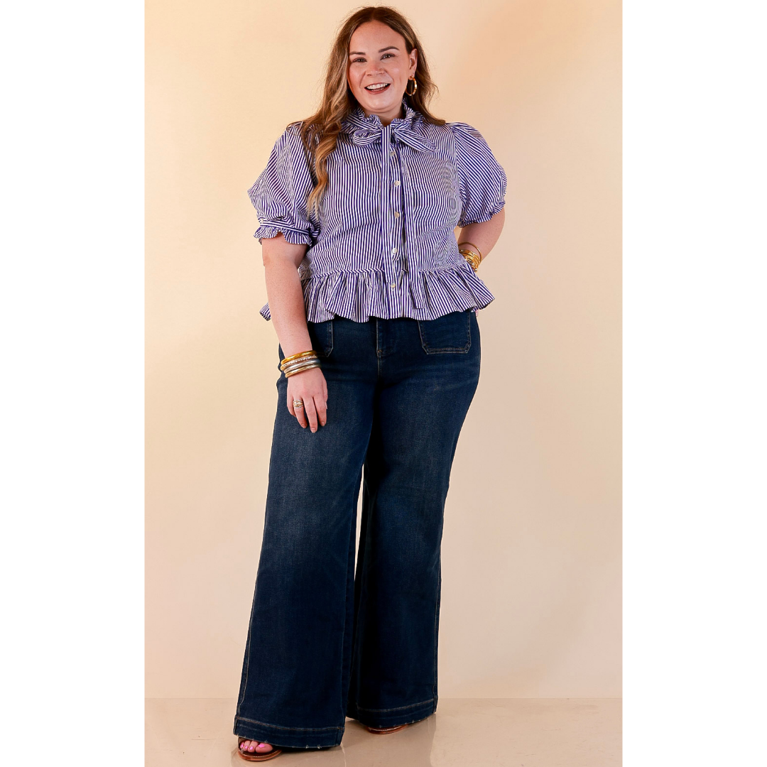 Tea Time Charm Tie Neck Puff Sleeve Peplum Button Front Stripe Blouse in Royal Blue