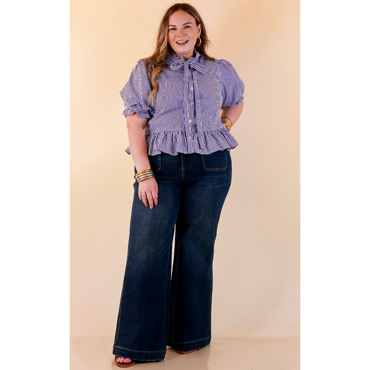 Tea Time Charm Tie Neck Puff Sleeve Peplum Button Front Stripe Blouse in Royal Blue