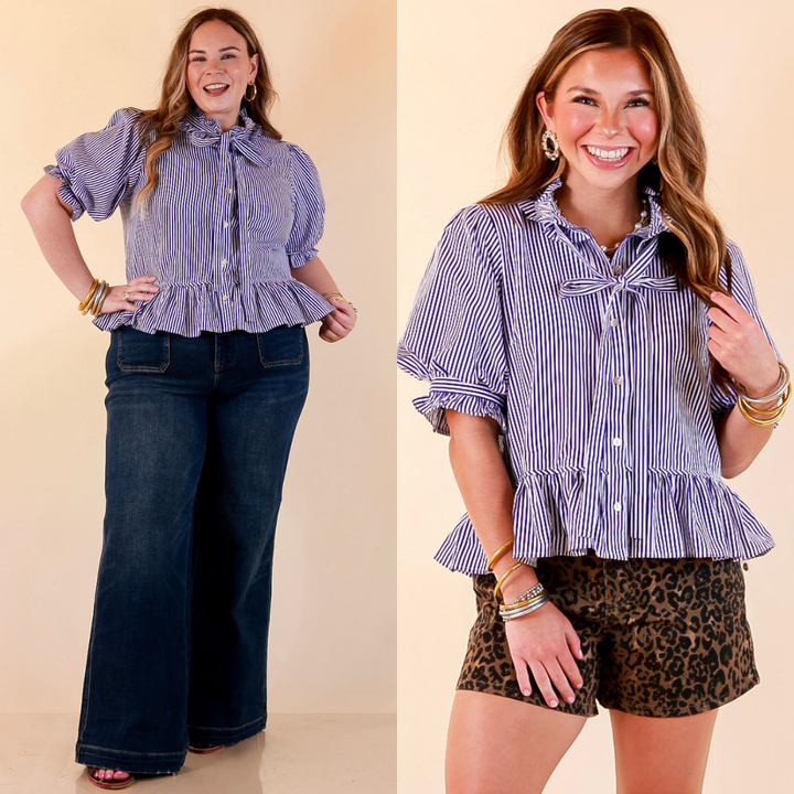 Tea Time Charm Tie Neck Puff Sleeve Peplum Button Front Stripe Blouse in Royal Blue