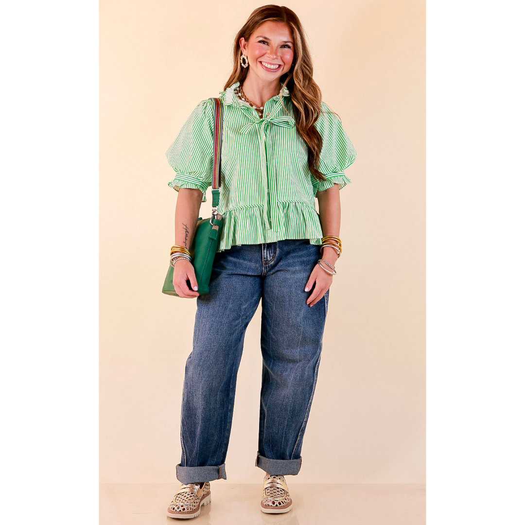 Tea Time Charm Tie Neck Puff Sleeve Peplum Button Front Stripe Blouse in Kelly Green