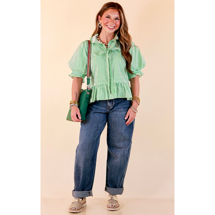 Tea Time Charm Tie Neck Puff Sleeve Peplum Button Front Stripe Blouse in Kelly Green