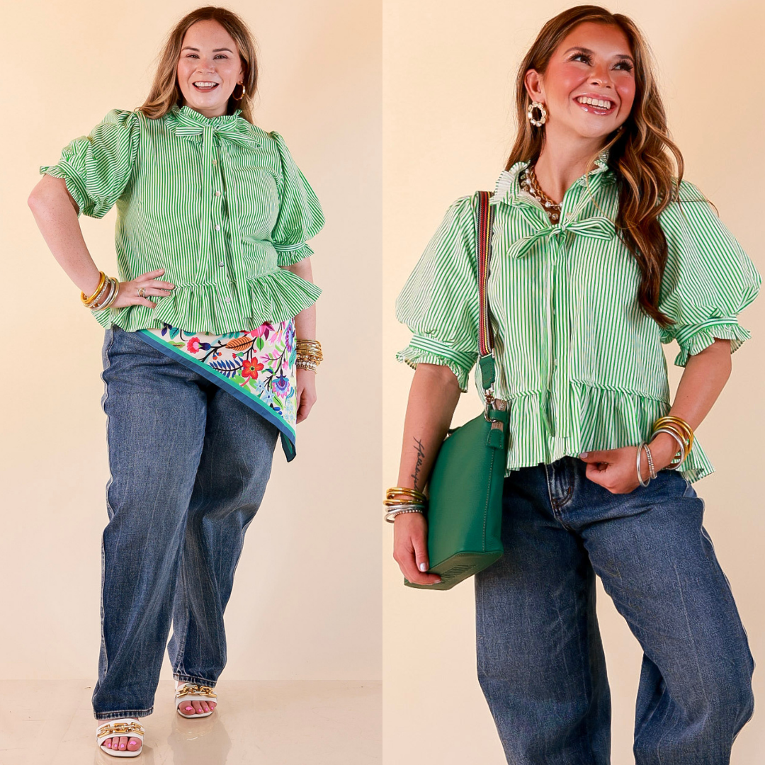 Tea Time Charm Tie Neck Puff Sleeve Peplum Button Front Stripe Blouse in Kelly Green