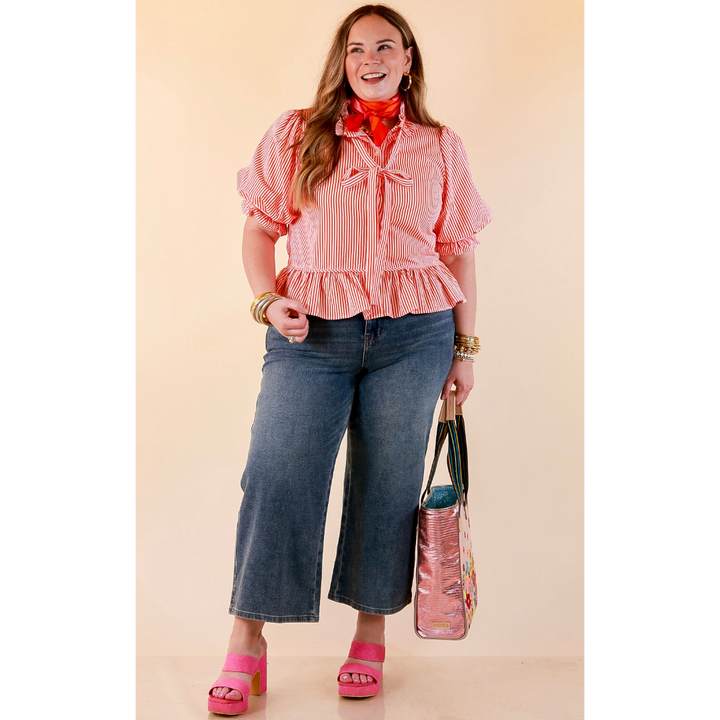 Tea Time Charm Tie Neck Puff Sleeve Peplum Button Front Stripe Blouse in Orange
