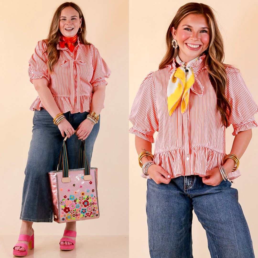 Tea Time Charm Tie Neck Puff Sleeve Peplum Button Front Stripe Blouse in Orange