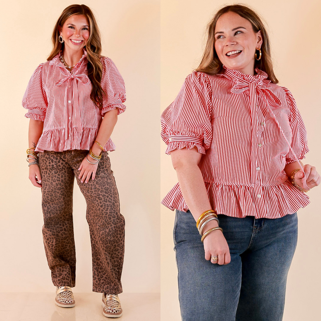 Tea Time Charm Tie Neck Puff Sleeve Peplum Button Front Stripe Blouse in Red