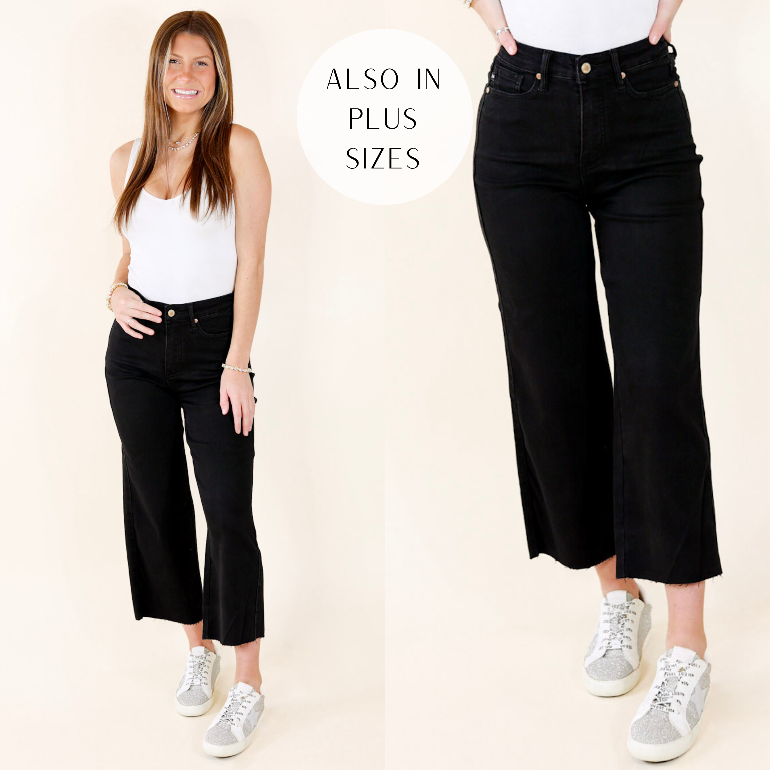 Judy Blue | Modern Muse Tummy Control Cropped Wide Leg Jeans with Raw Hem in Black