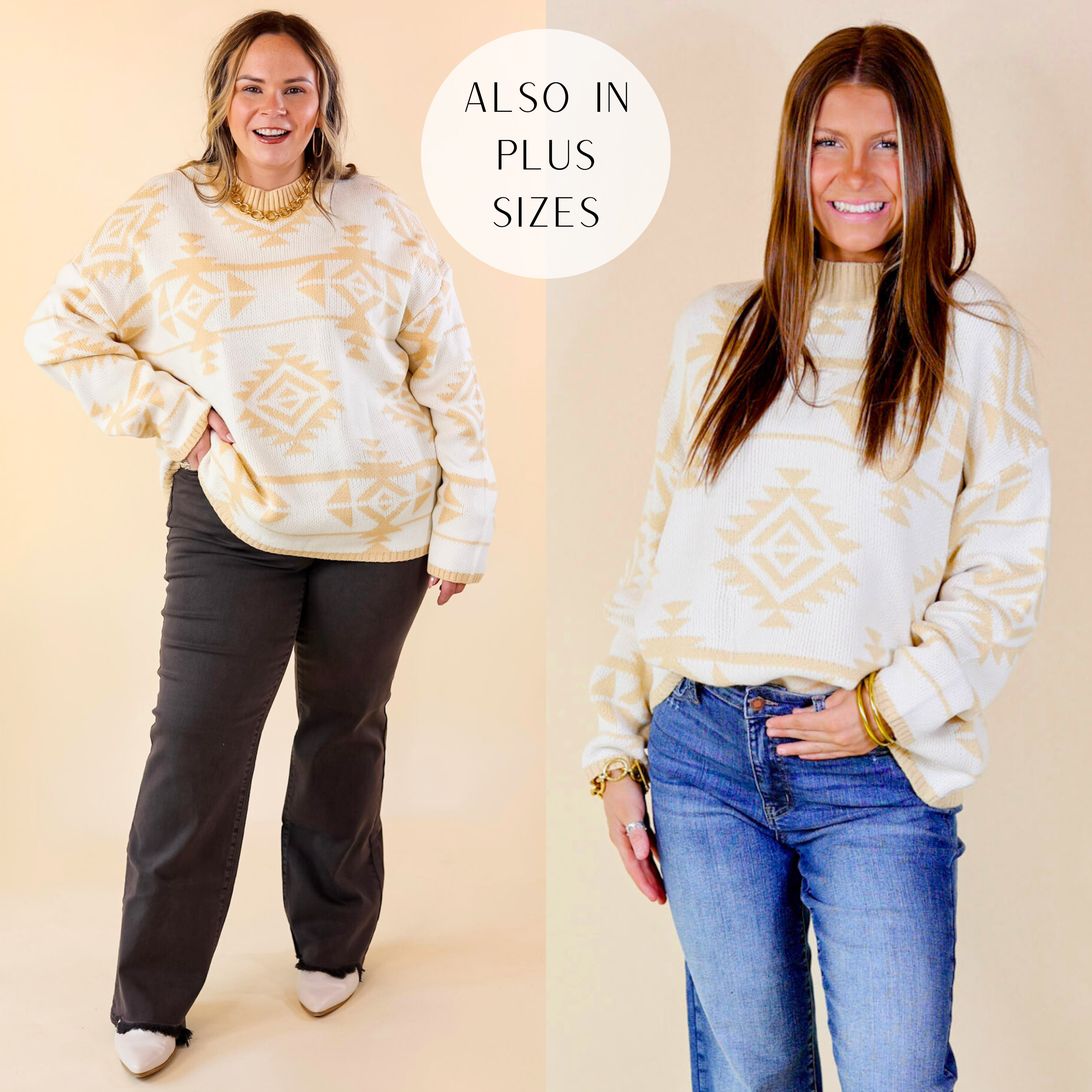 Model is wearing an aztec print sweater in ivory and beige. Size large model has it paired with brown jeans, ivory booties, and gold jewelry. Size small model has it paired with denim jeans and gold jewelry.