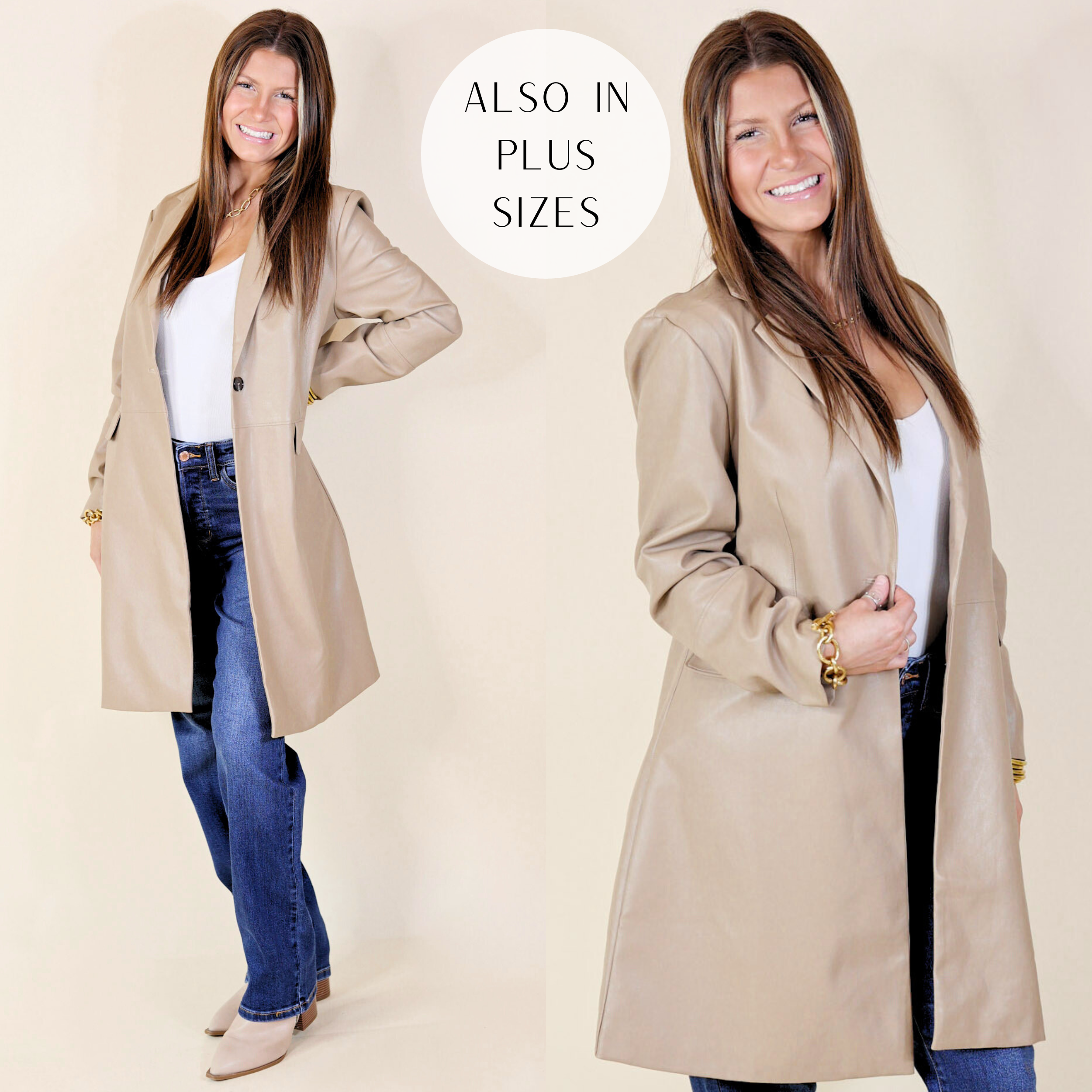 Model is wearing a long taupe colored faux leather coat with long sleeves and a collar