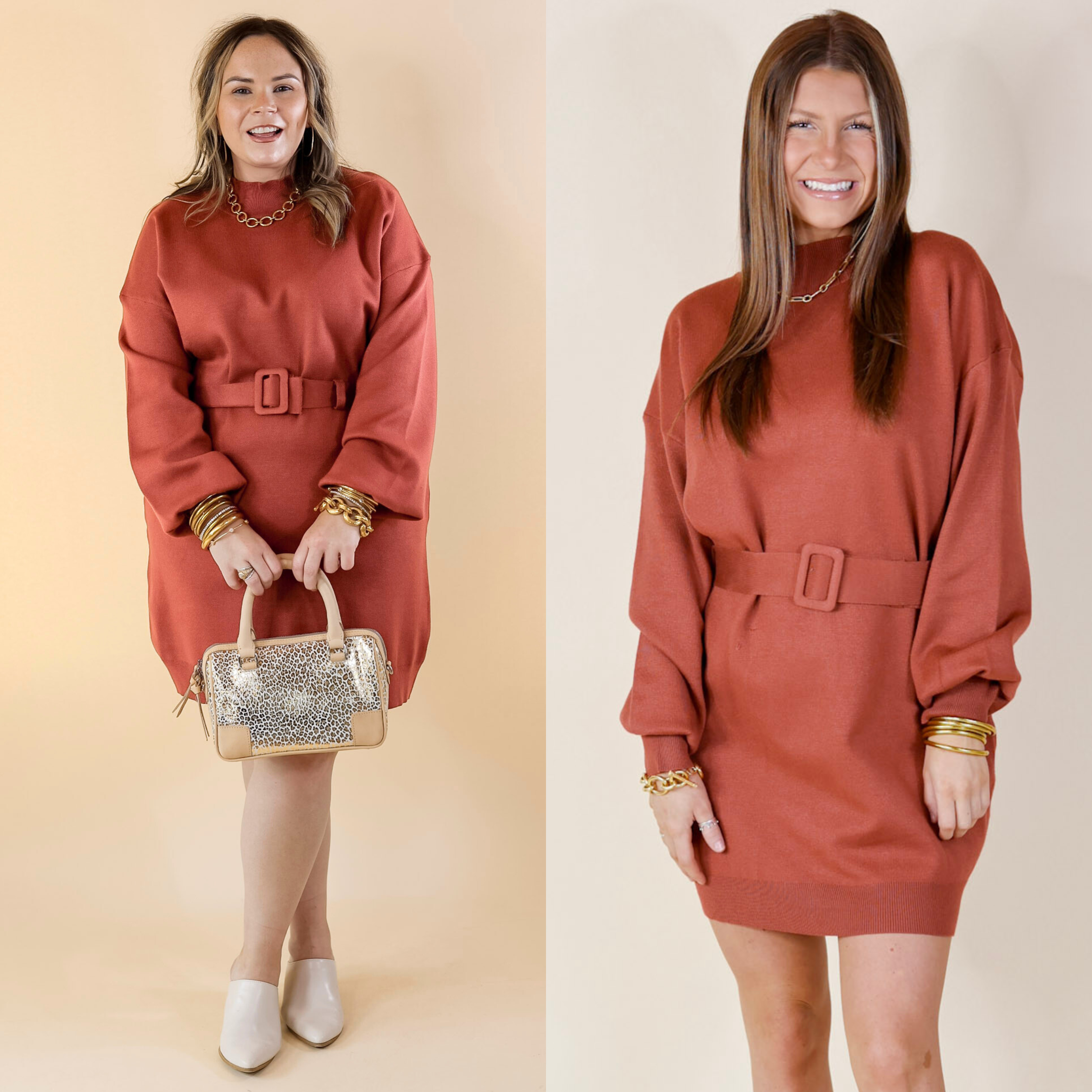 Models are wearing a rust red sweater dress with long sleeves and a belted waist. Size large model has it paired with a gold luncheon bag, gold jewelry, and ivory mules. Size small model has it paired with gold jewelry.
