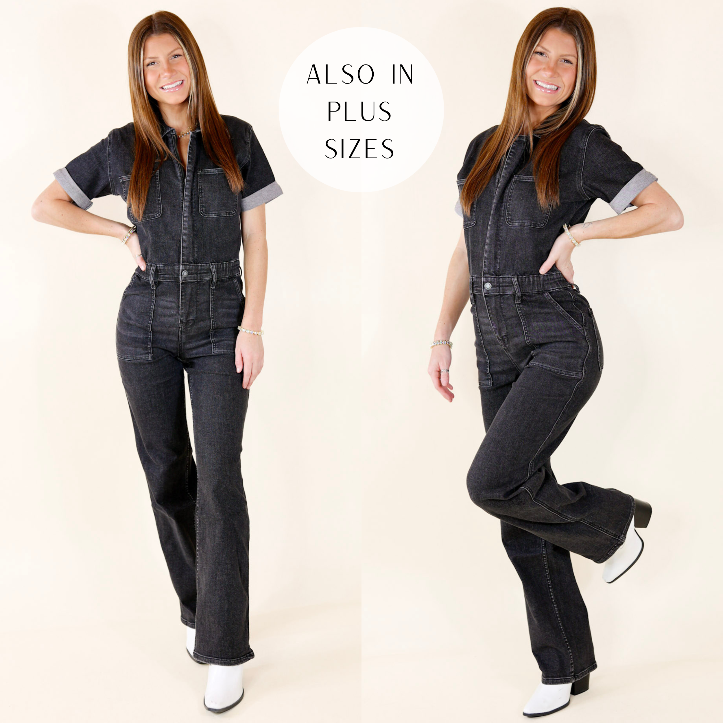 Judy Blue | New To The City Short Sleeve Denim Jumpsuit in Black