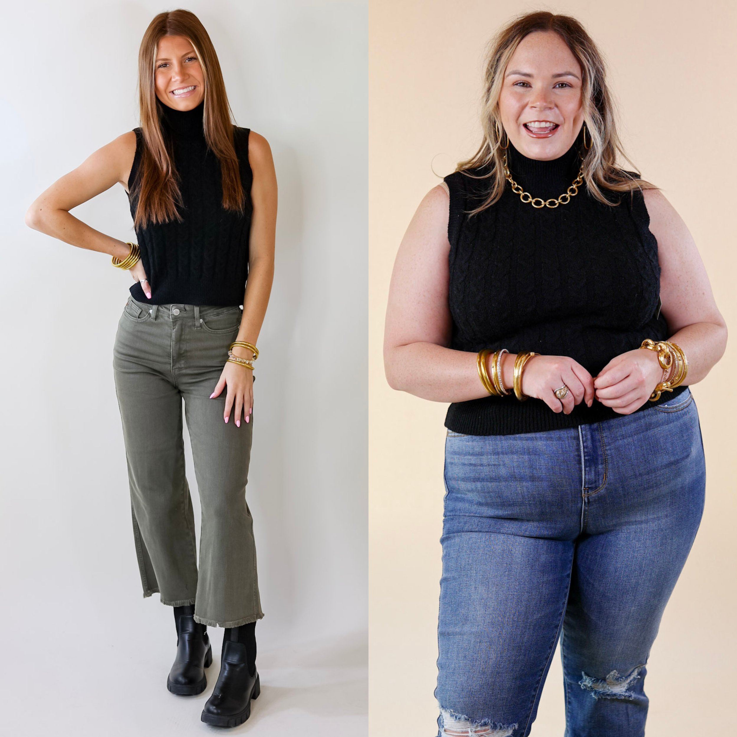 Model is wearing a sleeveless black cropped turtleneck sweater. Model has paired the sweater with olive green pants, black booties, and gold tone jewelry.