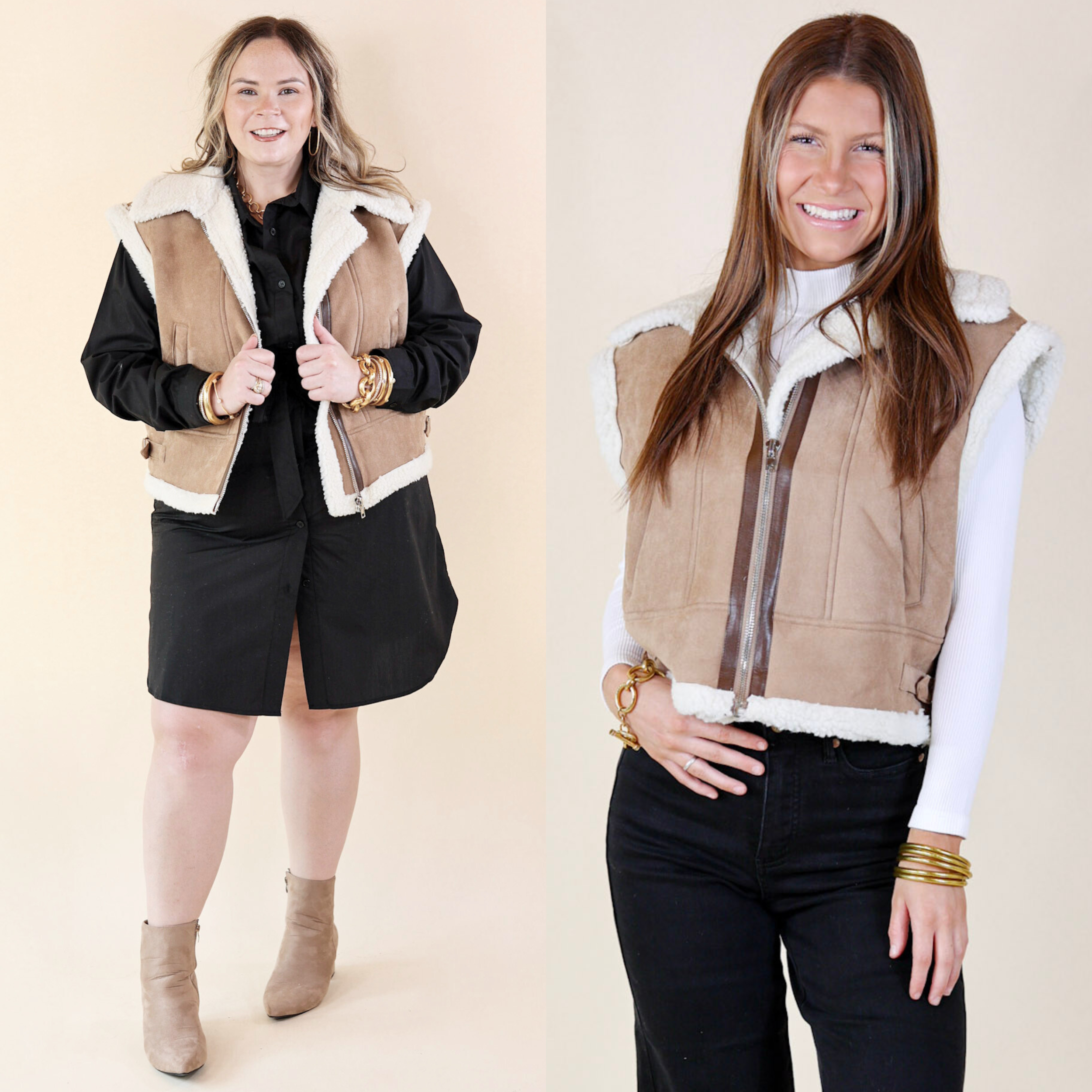 Models are wearing a light tan suede vest with white sherpa lining and a zip up front. Size large model has it paired with a black button up dress, suede booties, and gold jewelry. Size small model has it paired with black jeans, a white long sleeve top, and gold jewelry.