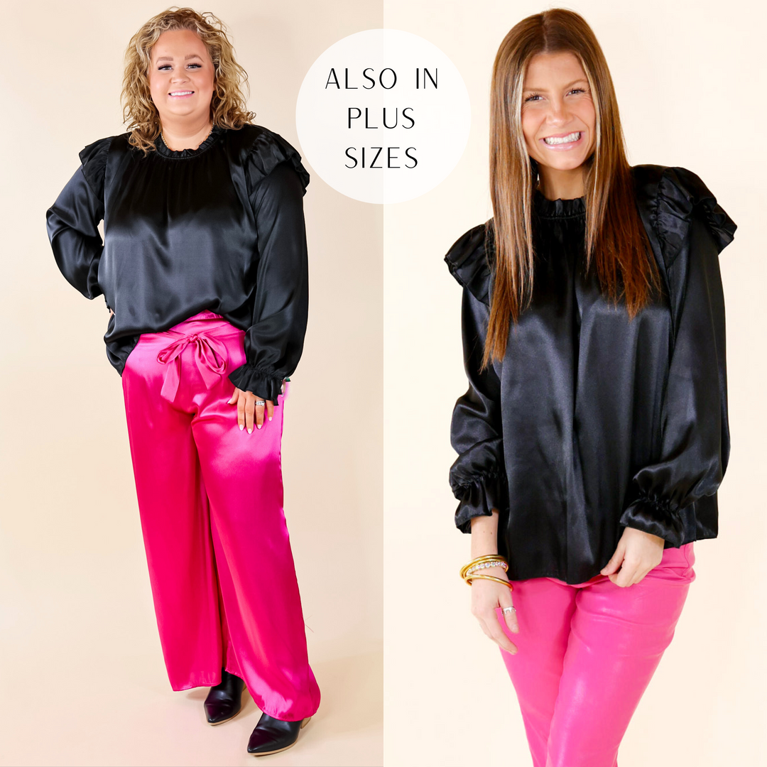 Can't Stop Me Ruffle Mock Neck Long Sleeve Satin Top in Black - Giddy Up Glamour Boutique