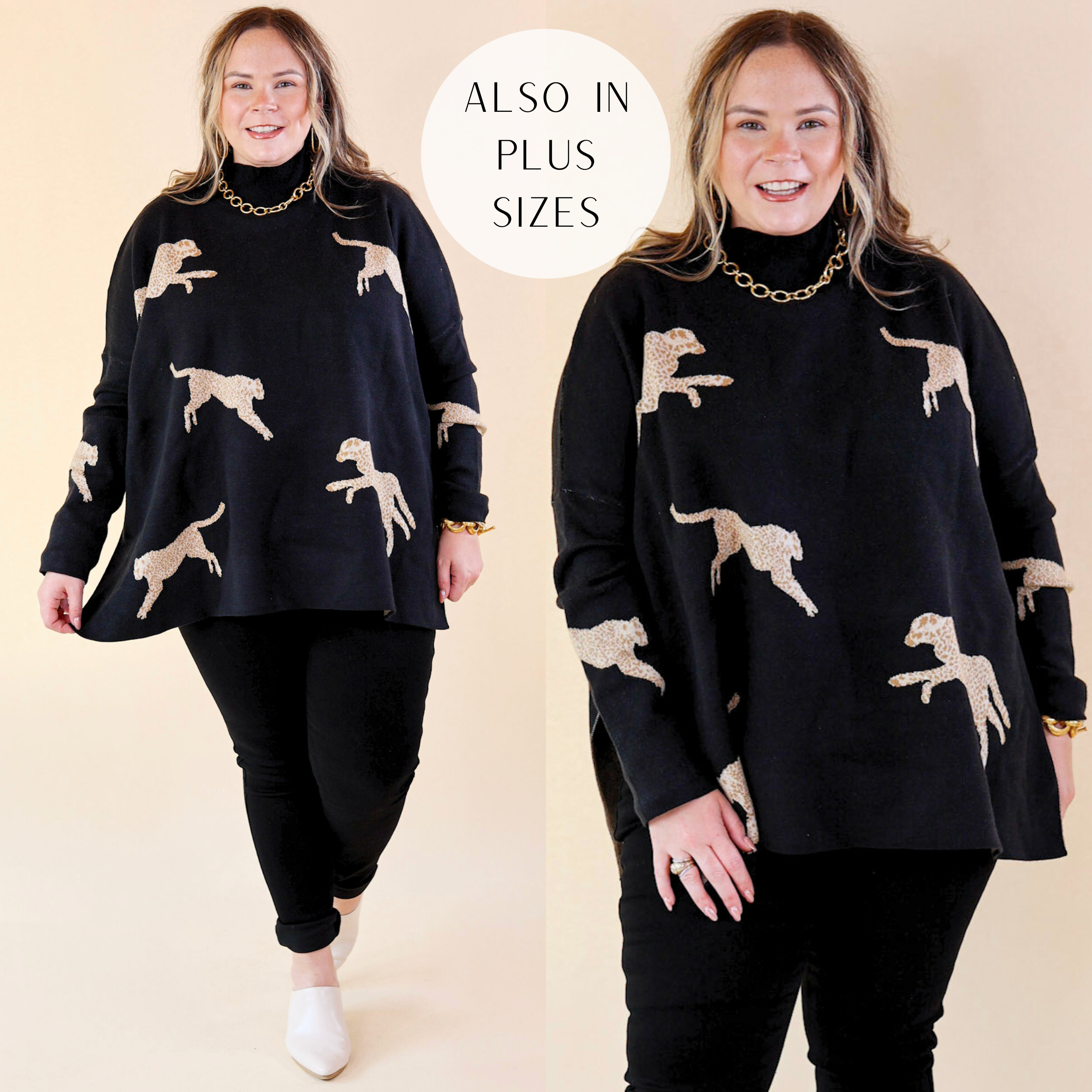 Model is wearing a black long sleeve sweater featuring a mock neck and cheetahs throughout.