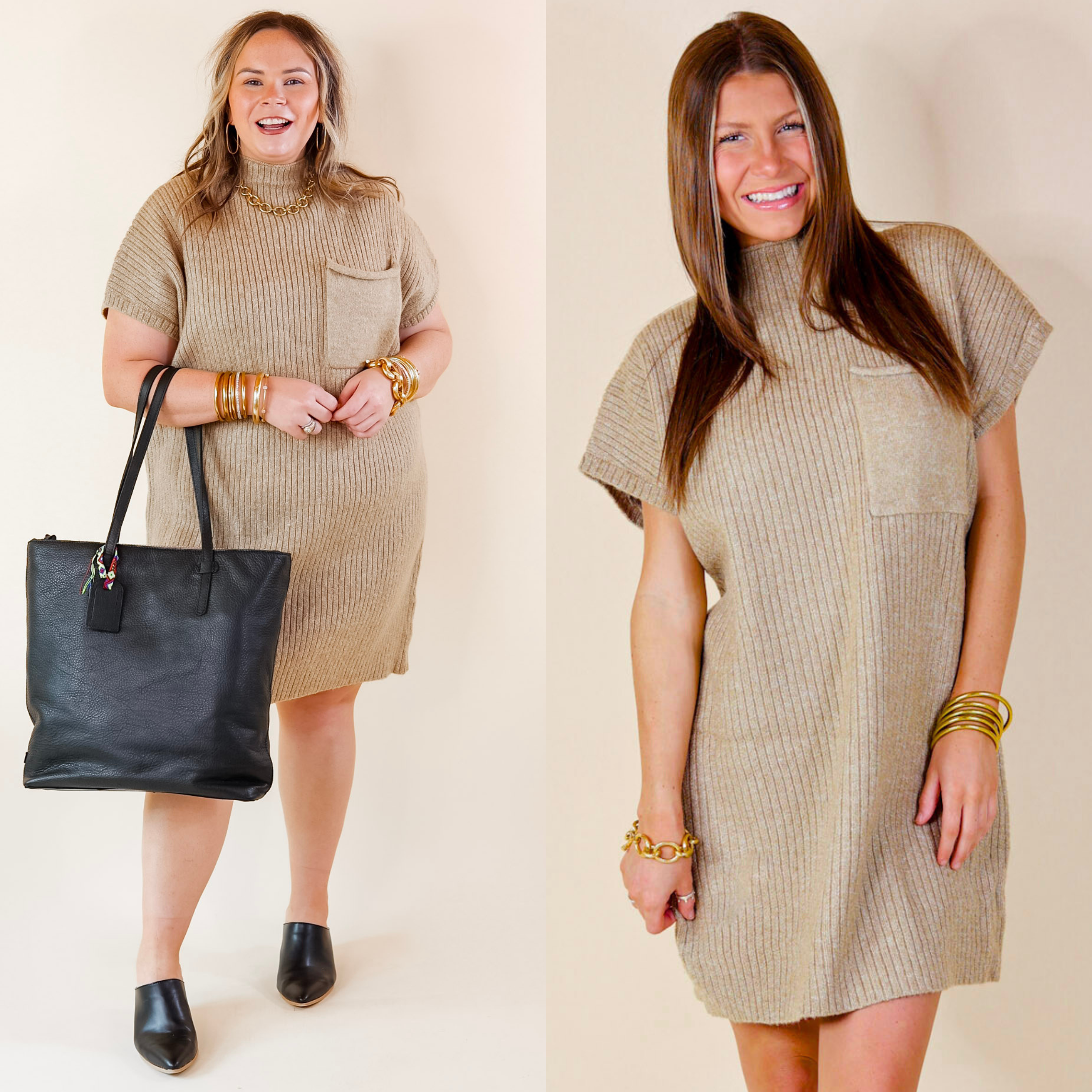 Model is wearing a cap sleeve sweater dress with a mock neckline. Both models have it paired with black mules, a black bag, and gold jewelry.