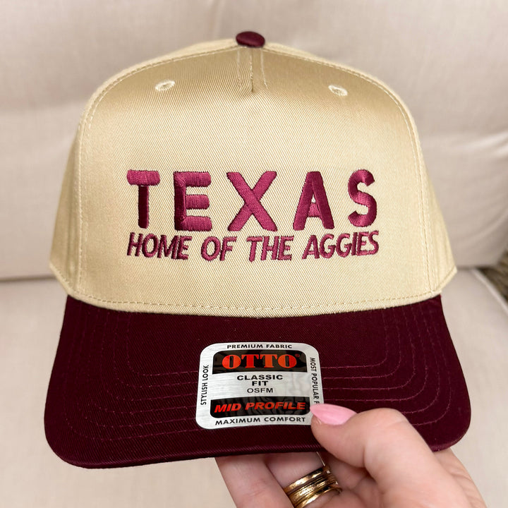 Texas Home Of The Aggies Trucker Hat in Khaki and Maroon