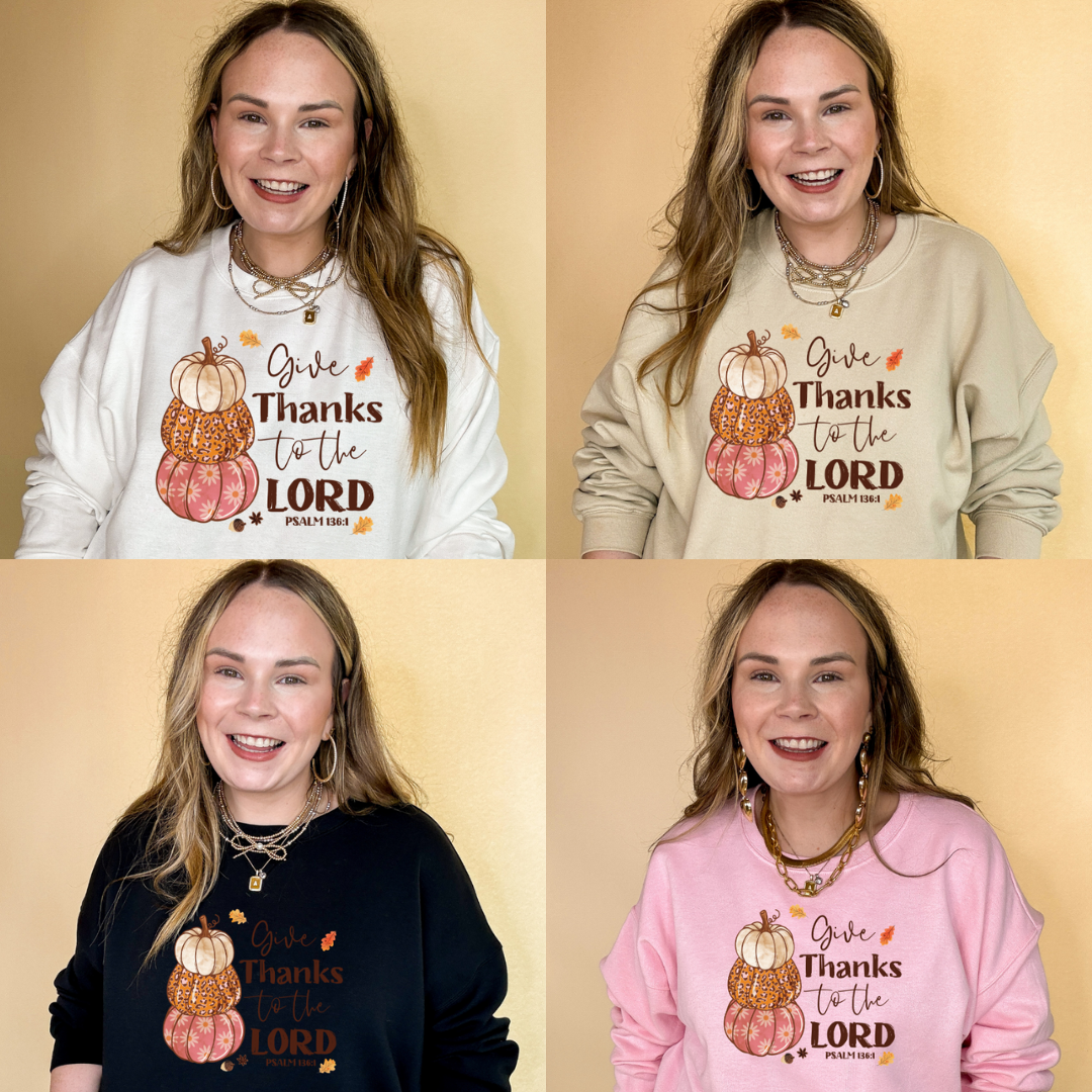 Online Exclusive | Give Thanks to the Lord Psalm 136:1 Stack of Pumpkins Graphic Sweatshirt in Multiple Color Options