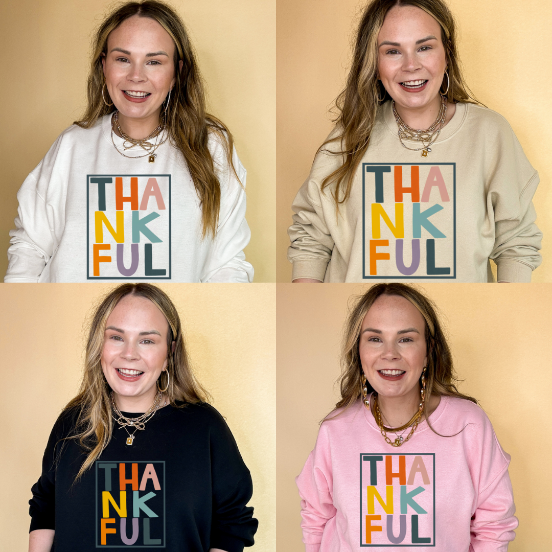 Online Exclusive | Thankful Color Block Letters Graphic Sweatshirt in Multiple Color Options