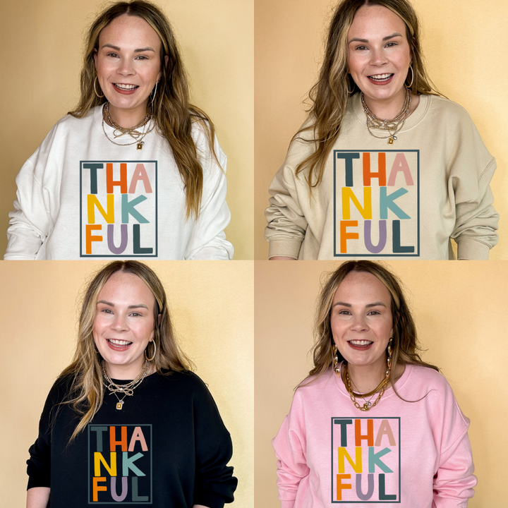Online Exclusive | Thankful Color Block Letters Graphic Sweatshirt in Multiple Color Options