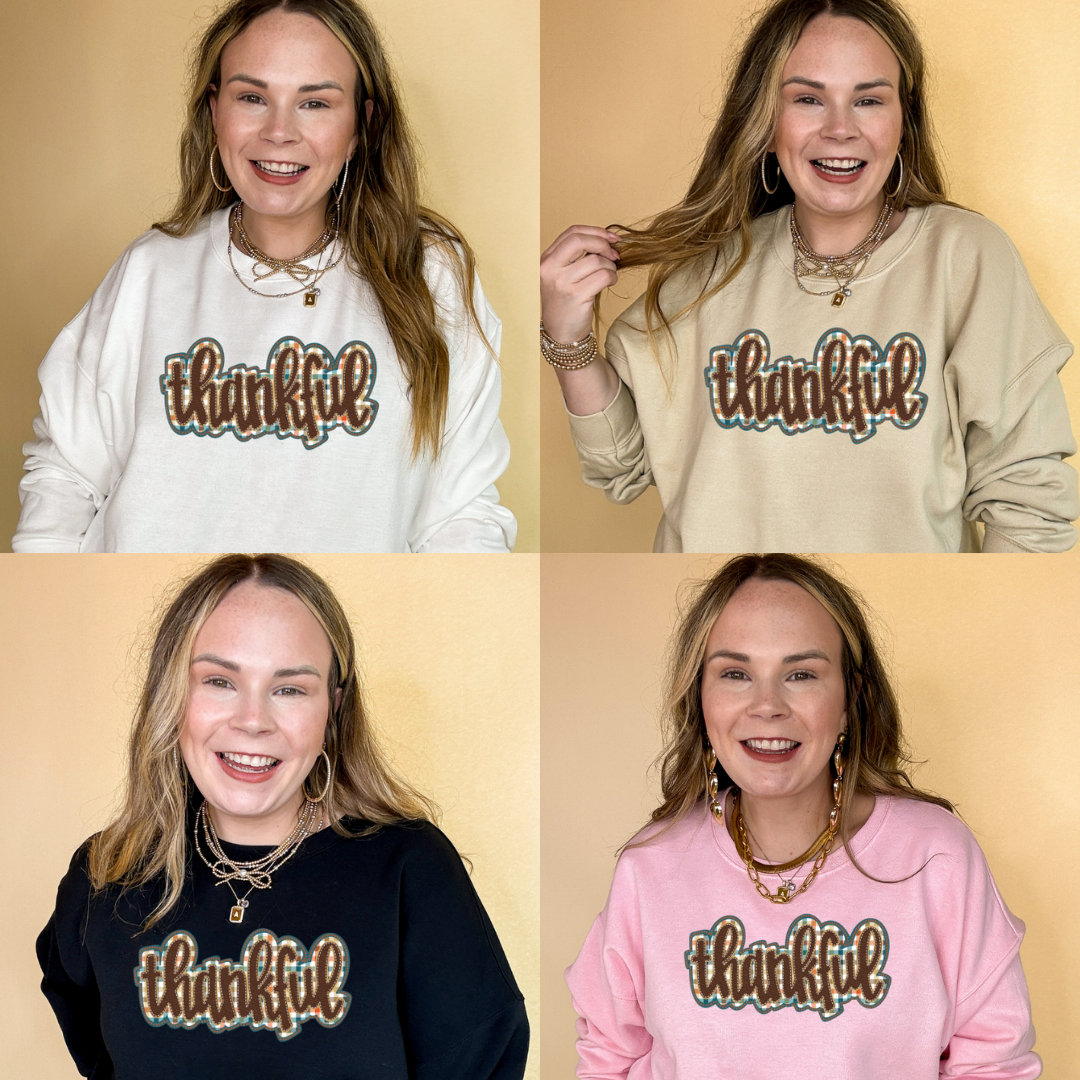 Online Exclusive | Thankful Plaid Patch Graphic Sweatshirt in Multiple Color Options