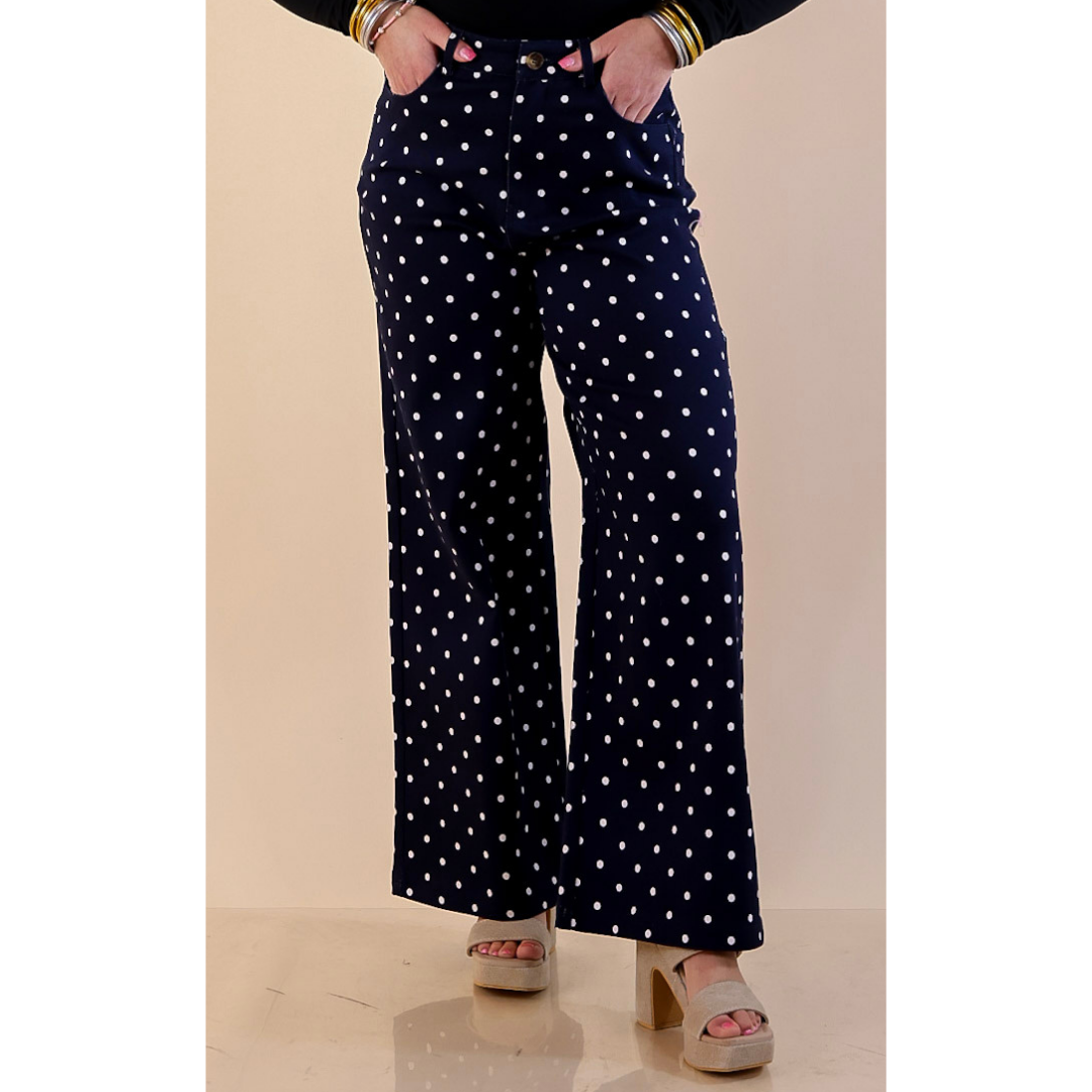 The Best Cropped Wide Leg Polka Dot Denim Jeans in Navy with White Dots