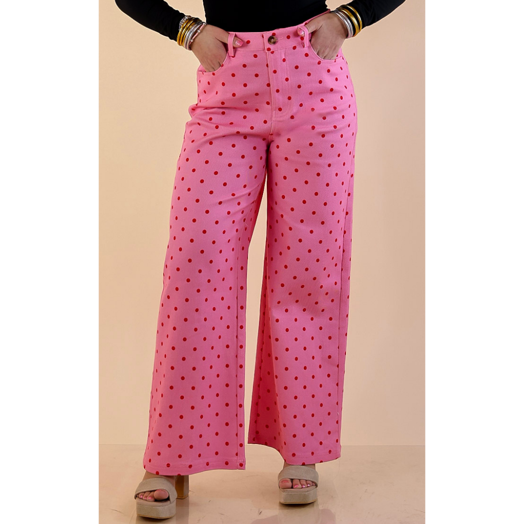 The Best Cropped Wide Leg Polka Dot Denim Jeans in Pink with Red Dots