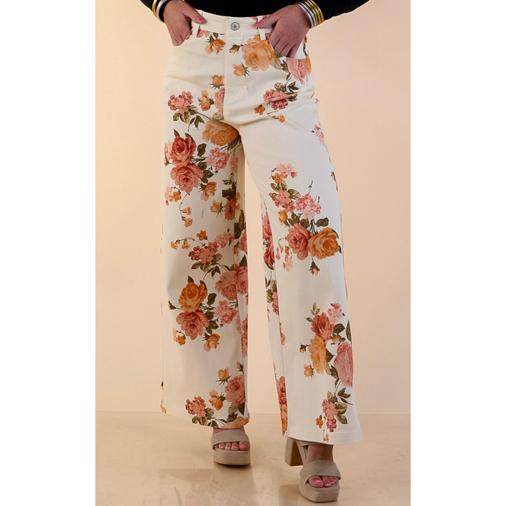 The Best Cropped Wide Leg Vintage Rose Floral Print Jeans in Ivory
