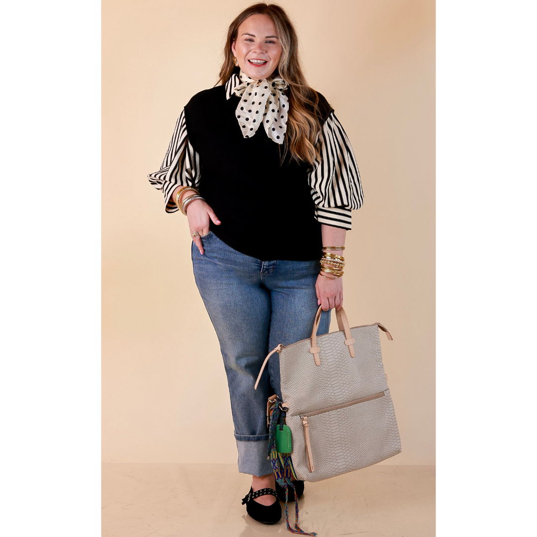 The Bold Type Striped 3/4 Sleeve Button-Up Top in Ivory with Black Stripes