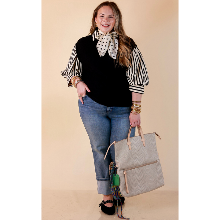 The Bold Type Striped 3/4 Sleeve Button-Up Top in Ivory with Black Stripes