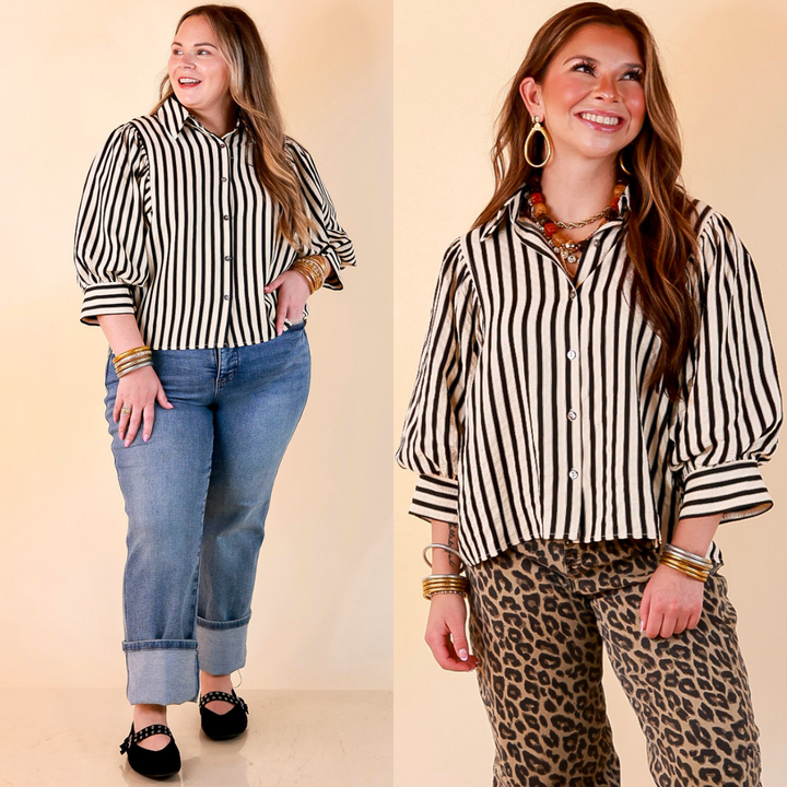 The Bold Type Striped 3/4 Sleeve Button-Up Top in Ivory with Black Stripes