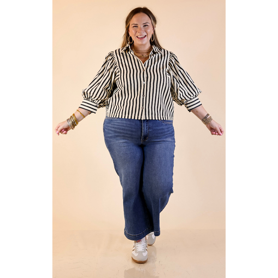 The Bold Type Striped Long Sleeve Button-Up Top in White with Black Stripes