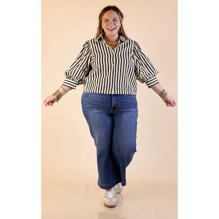 The Bold Type Striped Long Sleeve Button-Up Top in White with Black Stripes