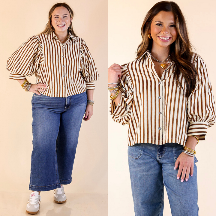 Two images of a woman wearing a brown and white striped top and jeans on a beige background