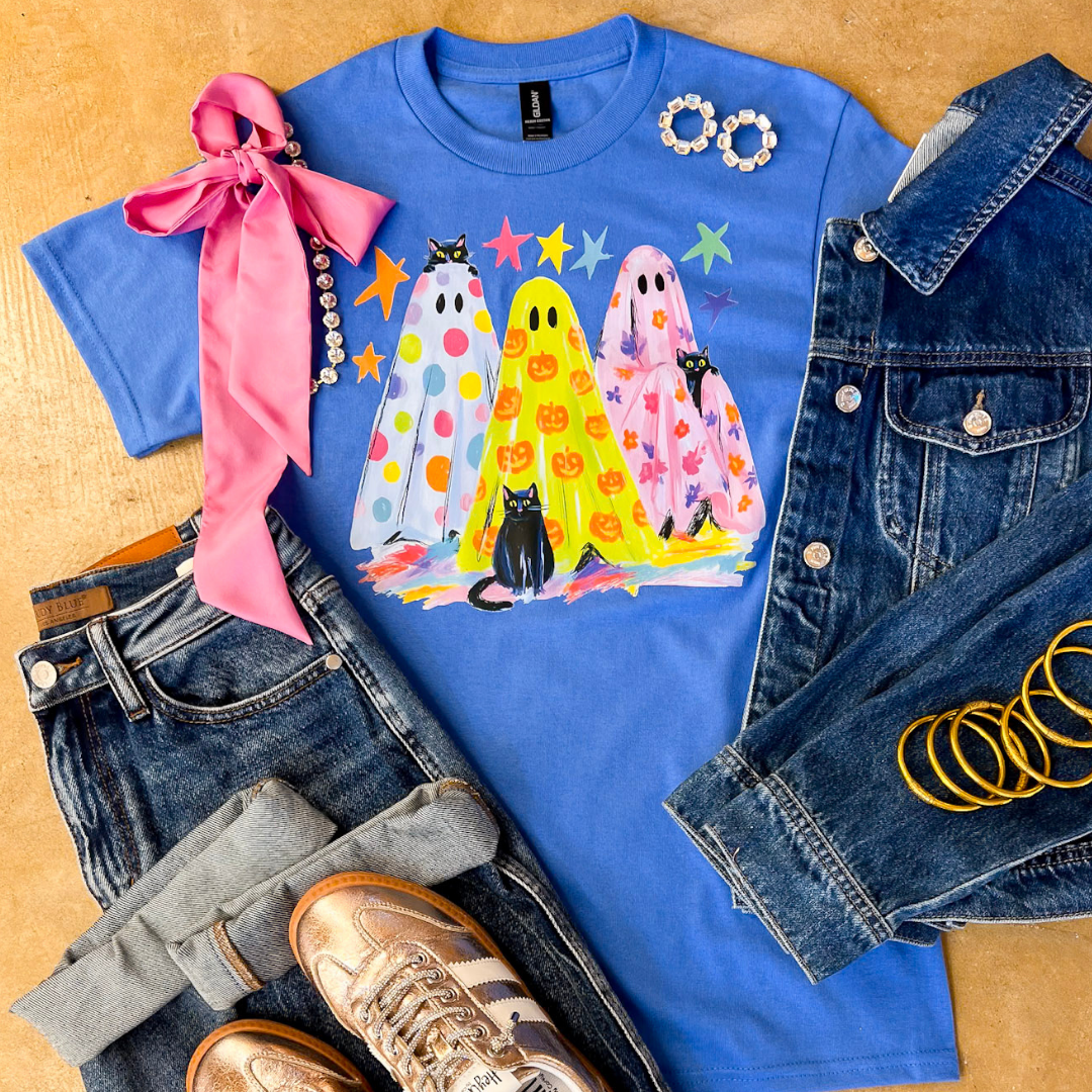 The Boo Crew Colorful Ghost Printed Halloween Graphic Tee in Periwinkle Blue