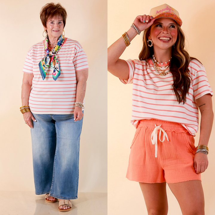 The Daily Stripe Scoop Neck Short Sleeve Striped Tee Top in Coral Orange