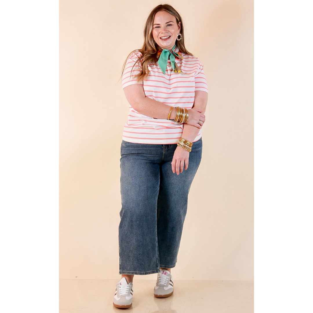 The Daily Stripe Scoop Neck Short Sleeve Striped Tee Top in Coral Orange